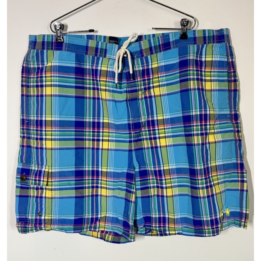 Polo Ralph Lauren Men's Blue Pastel Plaid Board Shorts Swim Trunks Size 2XL Tall